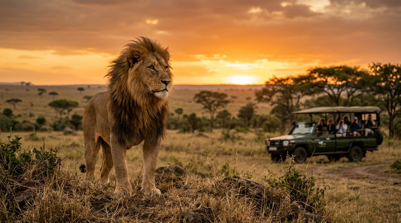 A lion at golden hour with safari game-viewing vehicles in the background