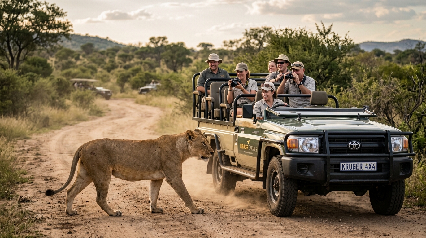 Lions walking past a safari game-viewing vehicle in Kruger